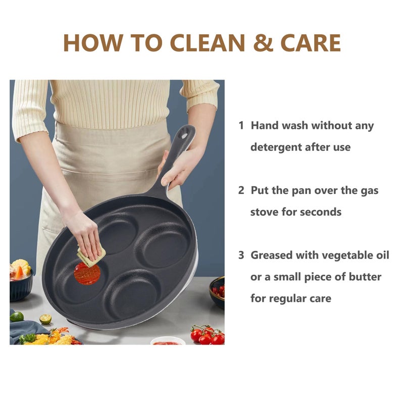 waykea 4-Cup Cast Iron Fried Egg Pan 9.5â€ Pancake Pan Burger Omelet Cooker Griddle Egg Skillet for Breakfast, Kitchen Cookware for Gas Stove & Induction Cooker - Image 4